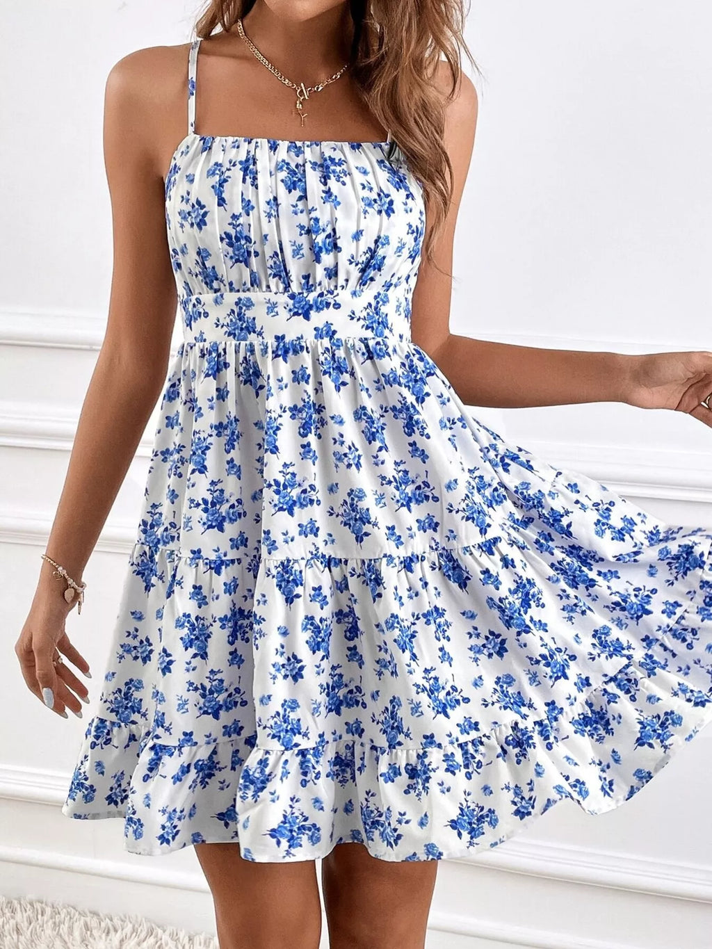 Floral Print Spaghetti Strap Tiered Mini Dress - Lilixa.store
