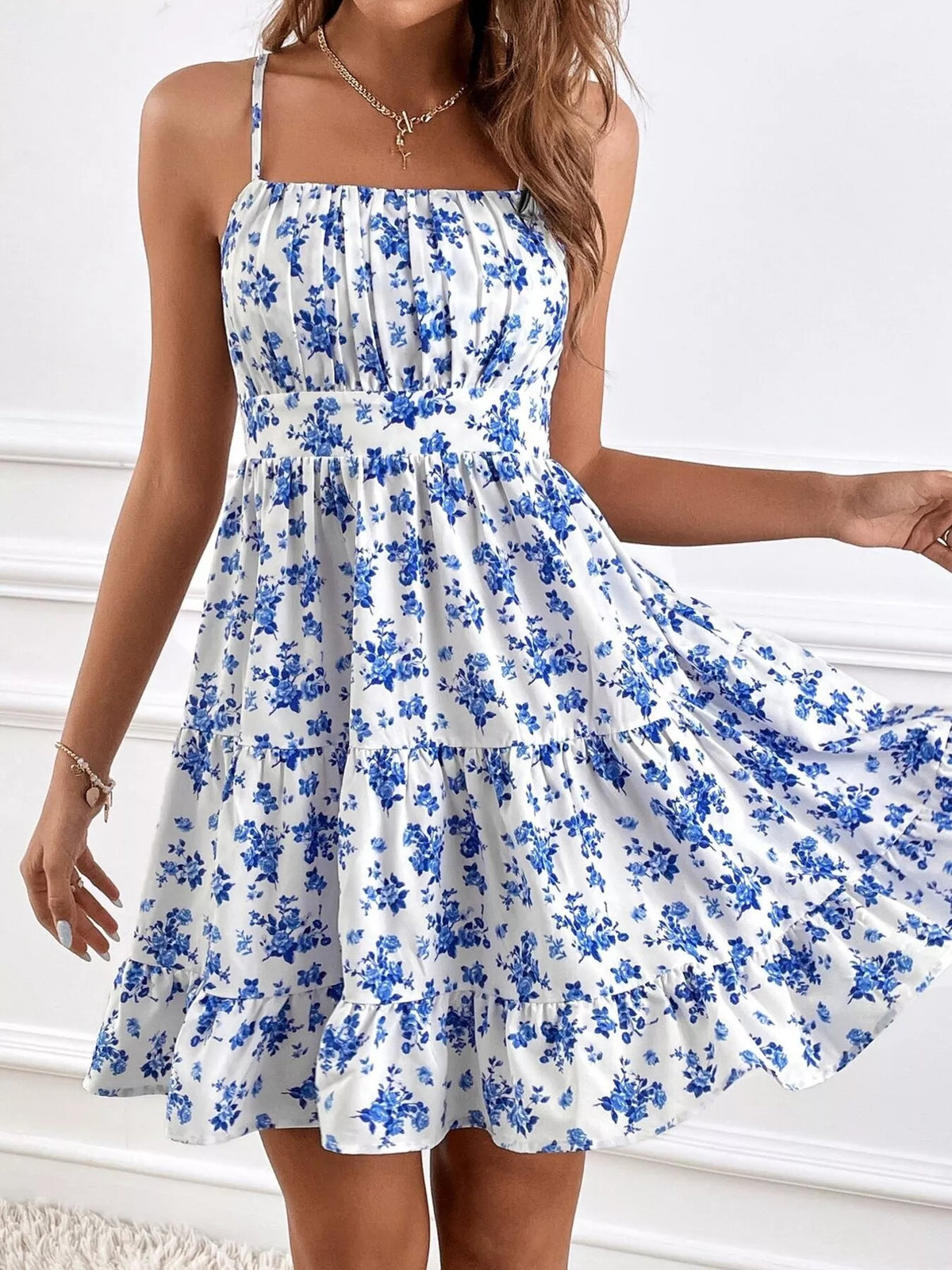Floral Print Spaghetti Strap Tiered Mini Dress