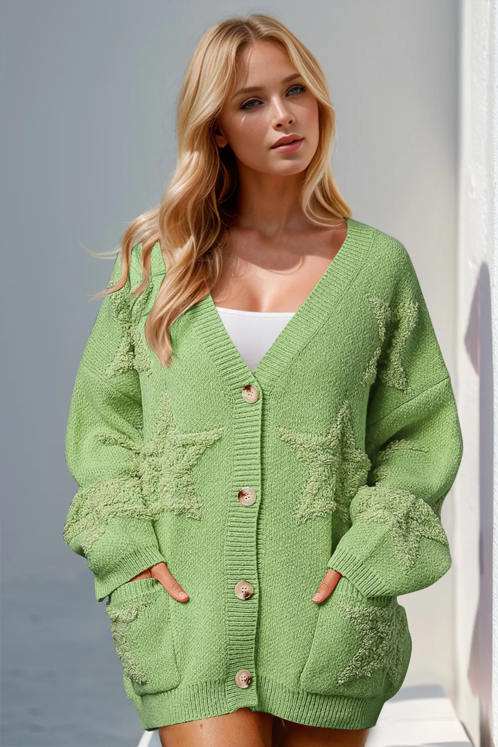 Double Take Full Size Button Up Star Pattern Cardigan in Gum Leaf