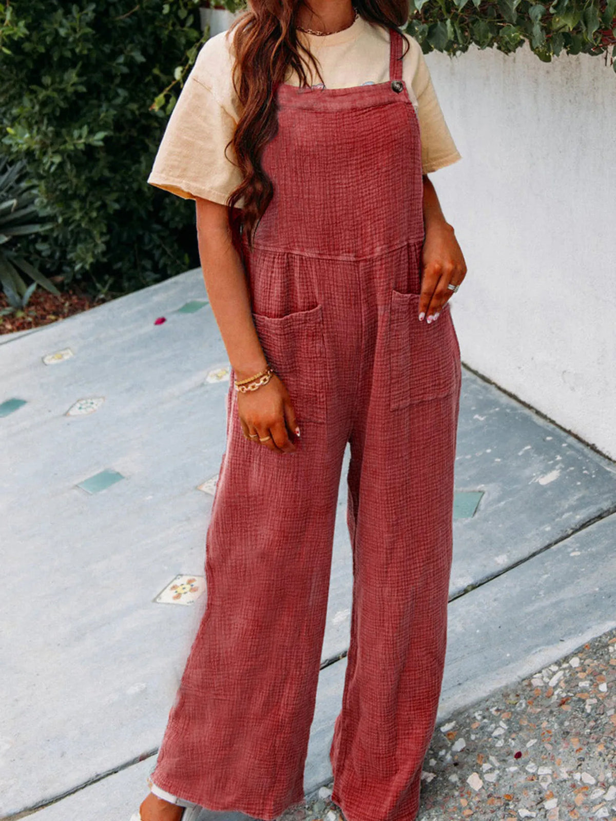 Full Size Casual Wide Leg Textured Overalls Plus Size - Lilixa.store