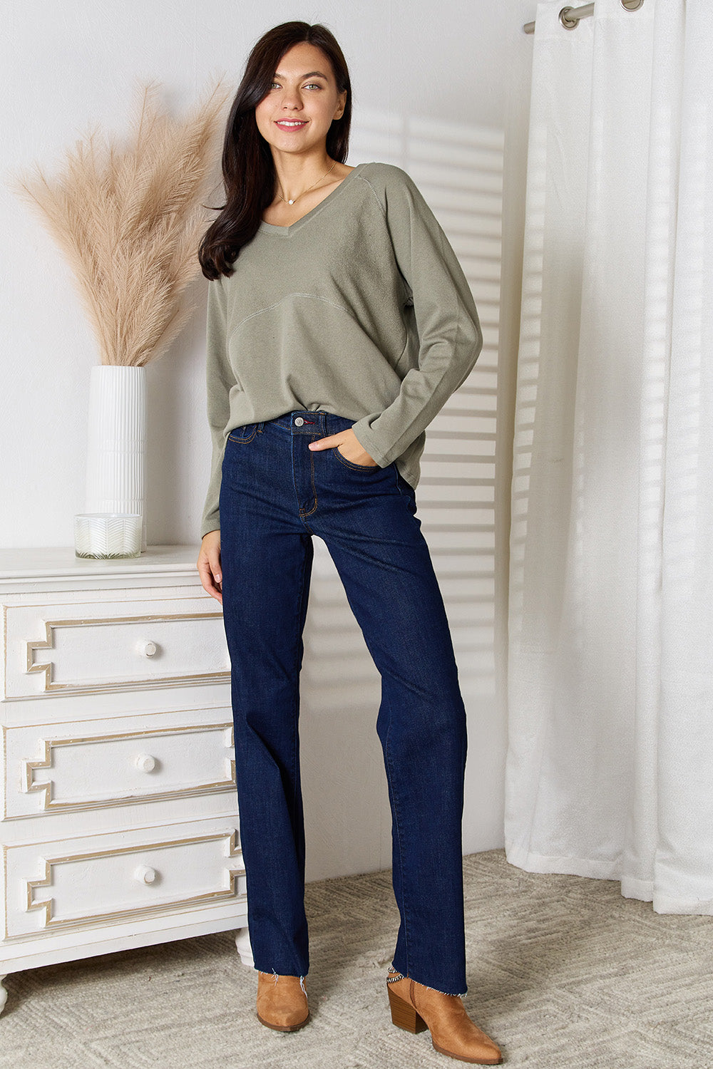 Culture Code  Full Size V-Neck Long Sleeve T-Shirt - Lilixa.store