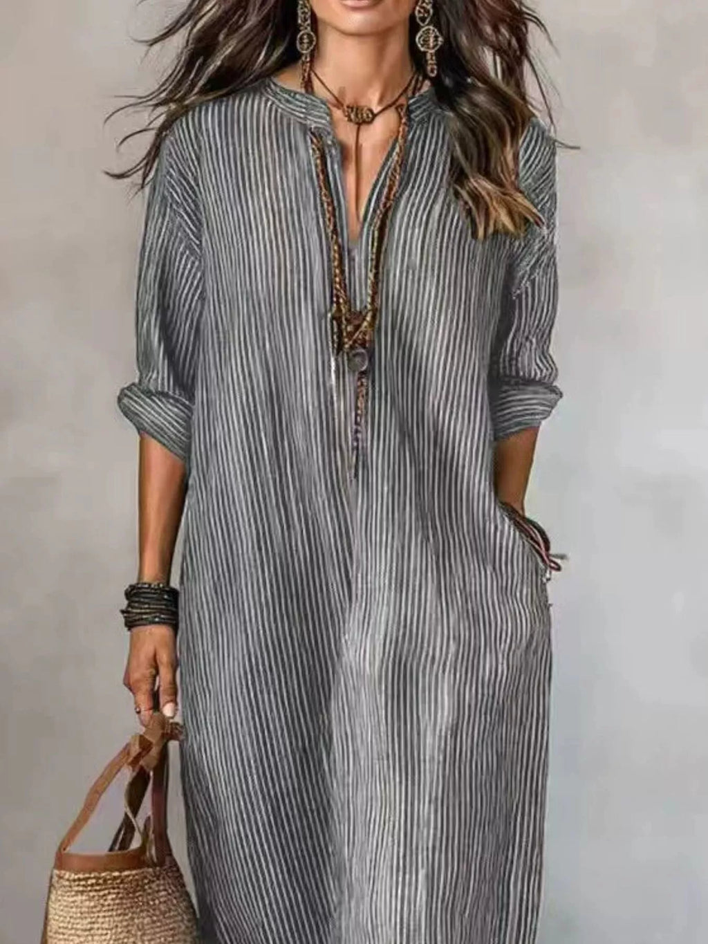 Full Size Striped Notched Maxi Dress with Pockets Plus Size - Lilixa.store