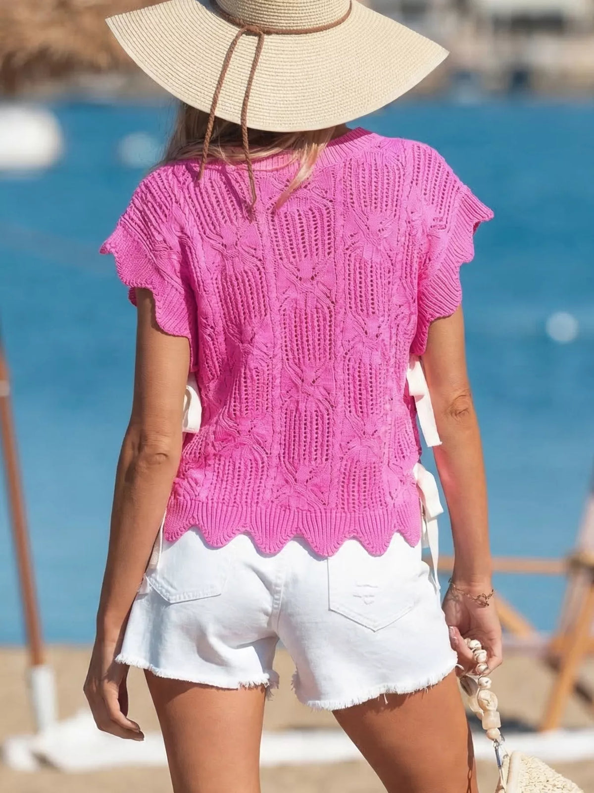 Side Tie Openwork Round Neck Sweater Vest in Fuchsia Pink, view 2