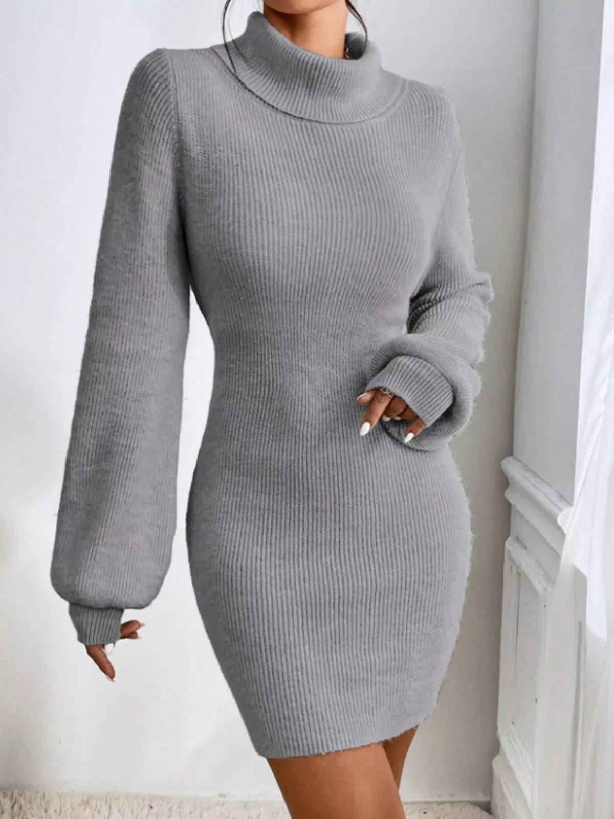 Turtleneck Ribbed Knit Sweater Dress, view 10