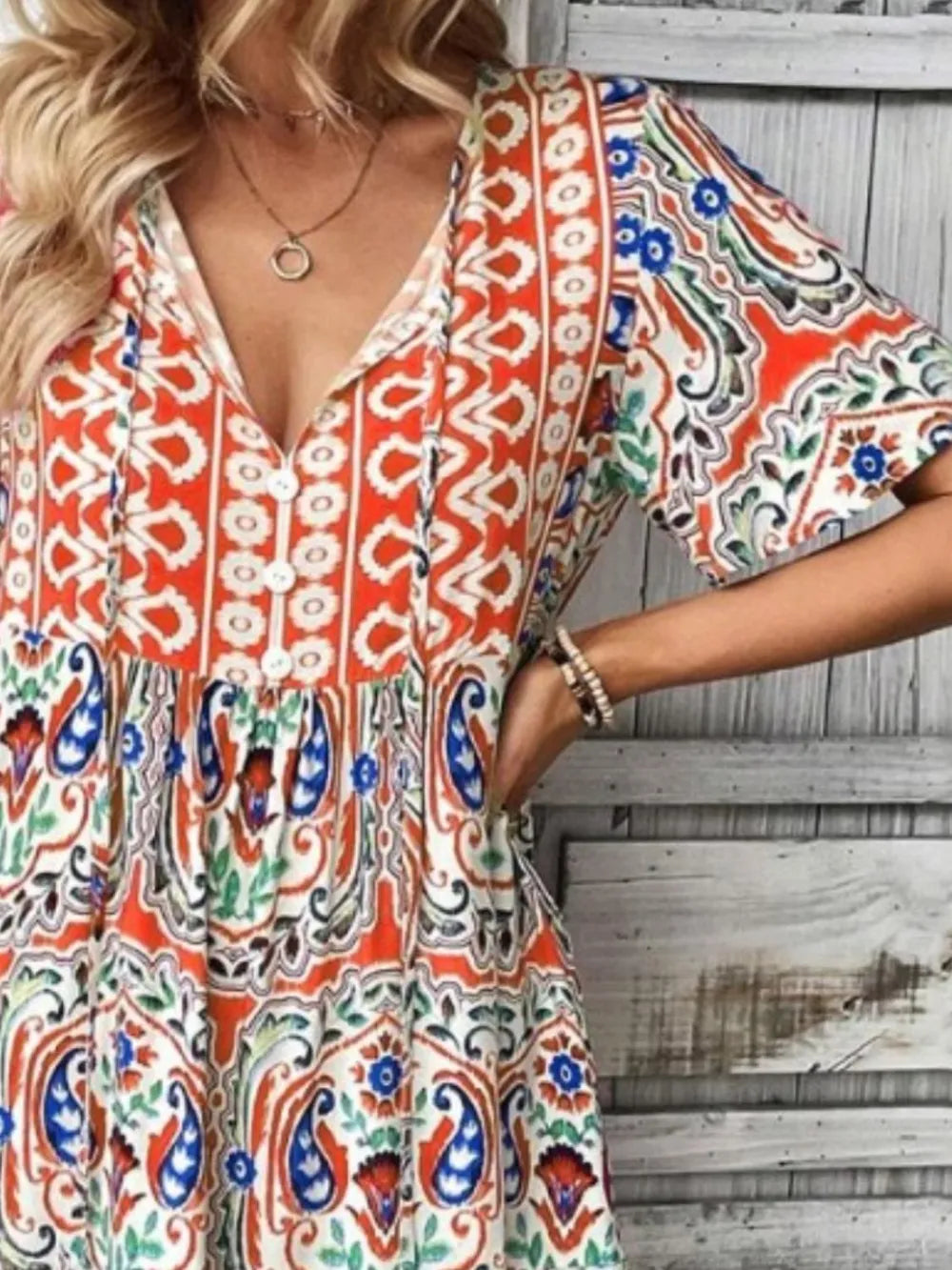 Printed Tie Neck Short Sleeve Dress - Lilixa.store