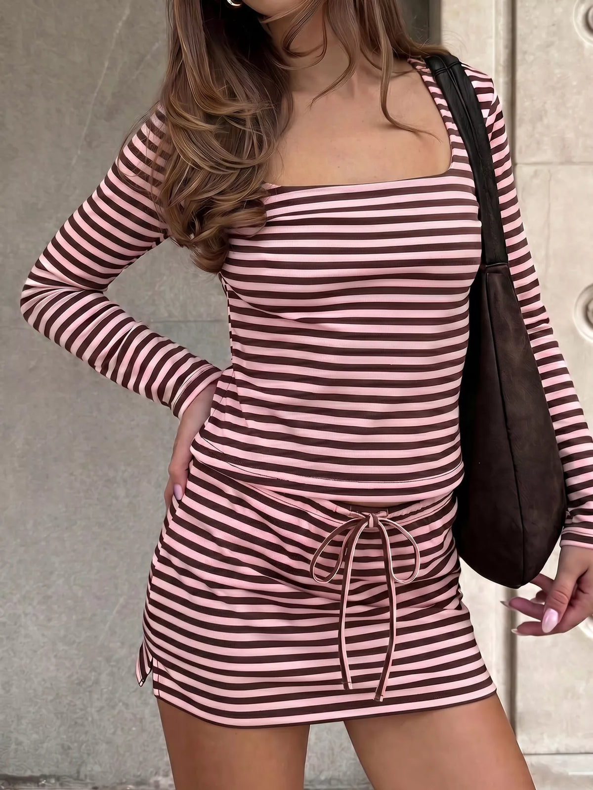 Striped Long Sleeve Square Neck Top and Mini Skirt Two-Piece Set