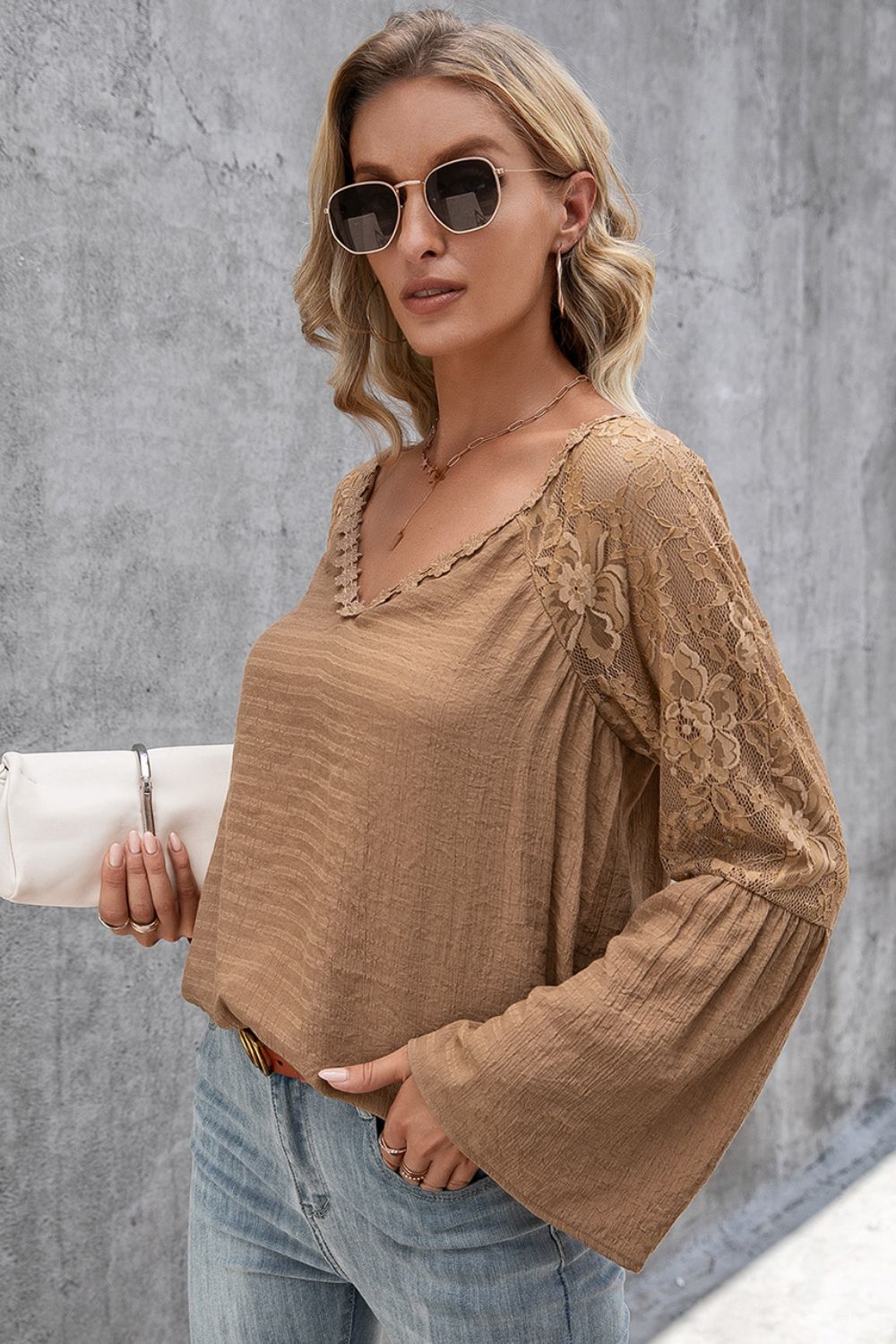 Ivy Lane V-Neck Spliced Lace Flare Sleeve Top, view 4