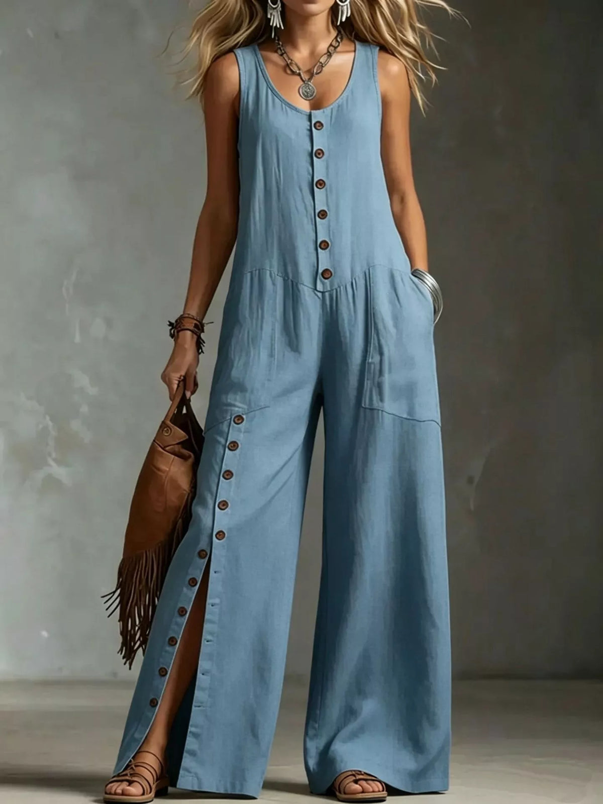 Full Size Sleeveless Button Front Wide Leg Jumpsuit Plus Size - Lilixa.store