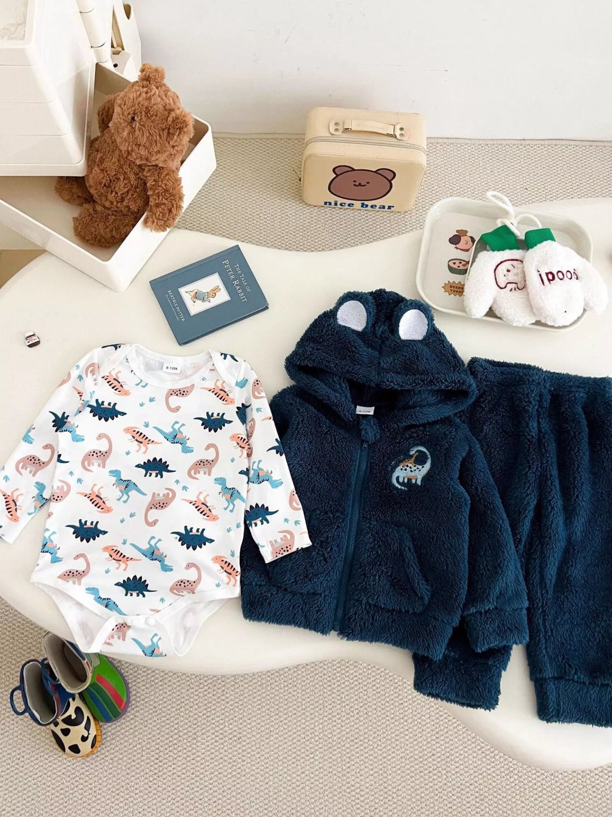 Children's Dinosaur Fleece Hoodie and Pants Set with Dinosaur Print Bodysuit in Navy Blue, view 4