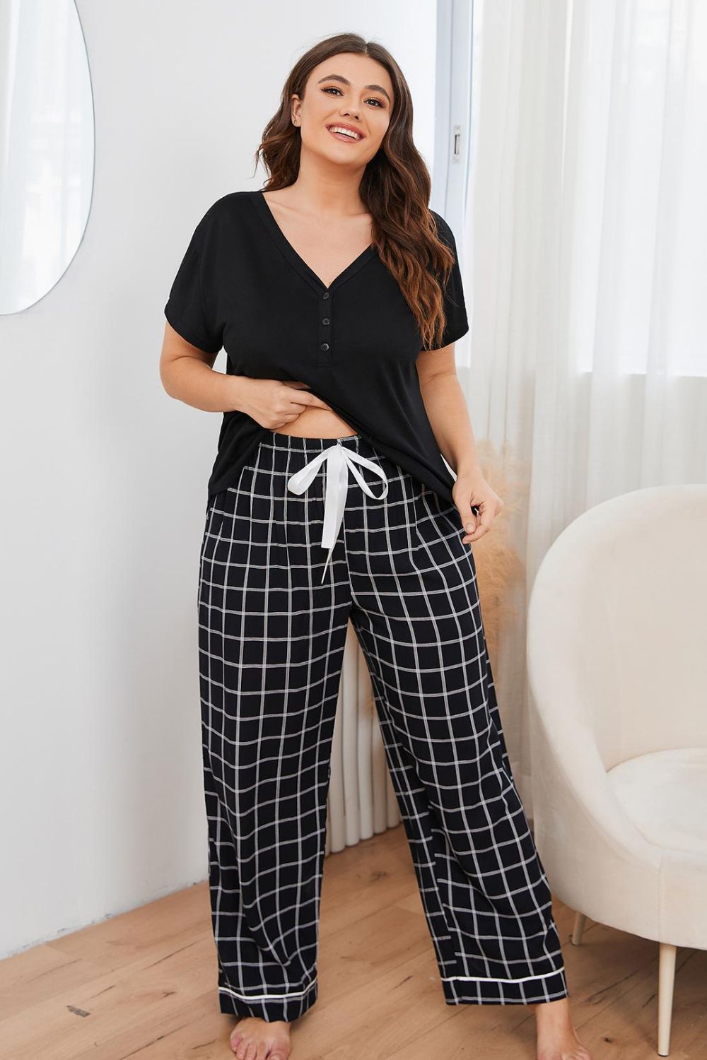 Plus Size V-Neck Top and Plaid Pants Lounge Set - Lilixa.store
