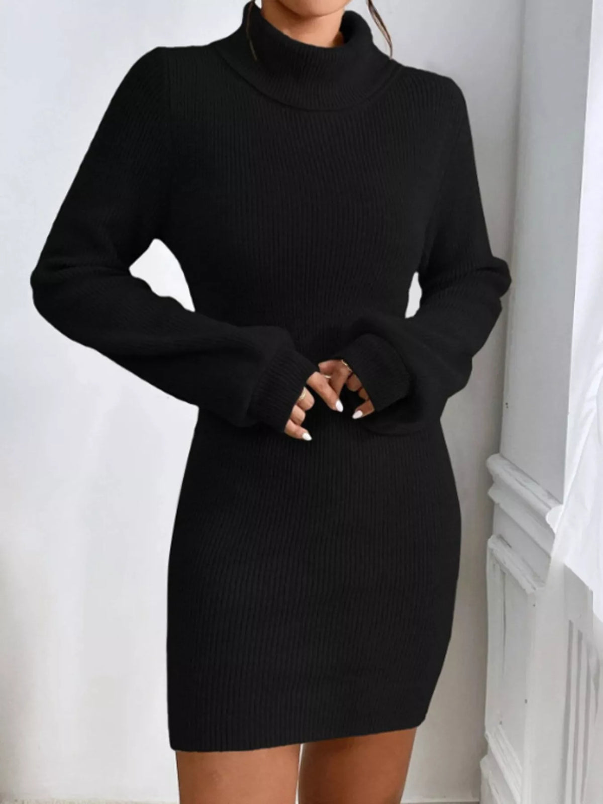 Turtleneck Ribbed Knit Sweater Dress, view 15