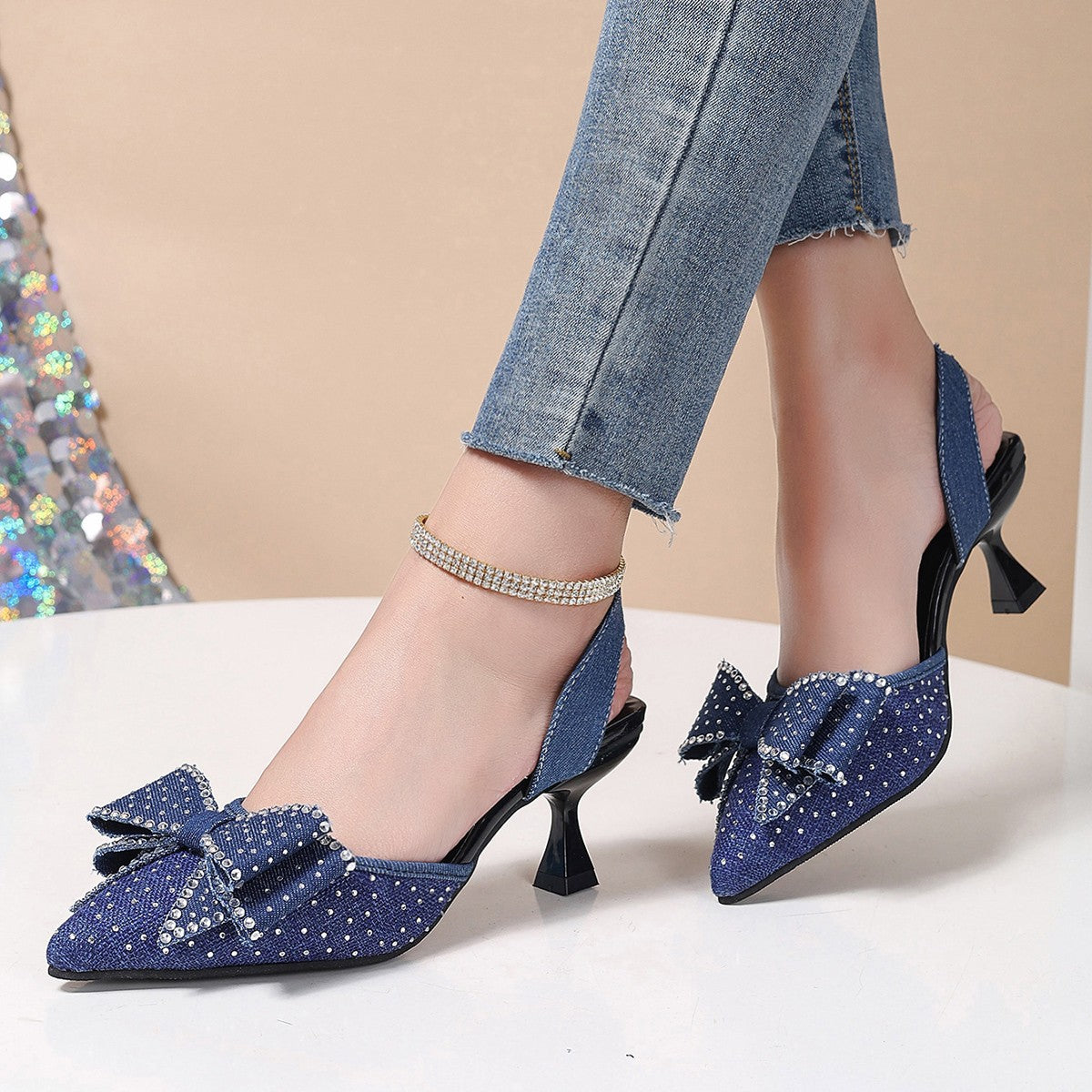 Rhinestone Bowknot Slingback Pumps - Lilixa.store
