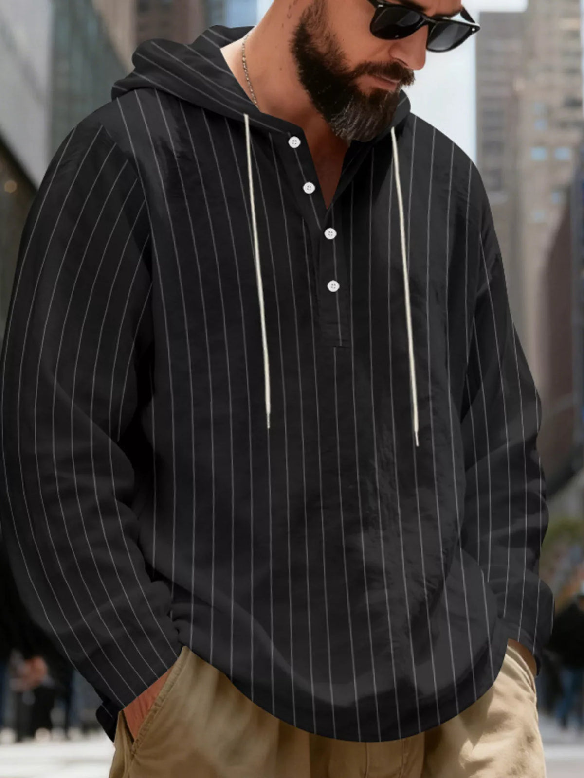 Men's Full Size Casual Striped Henley Hoodie with Drawstring Plus Size, view 8