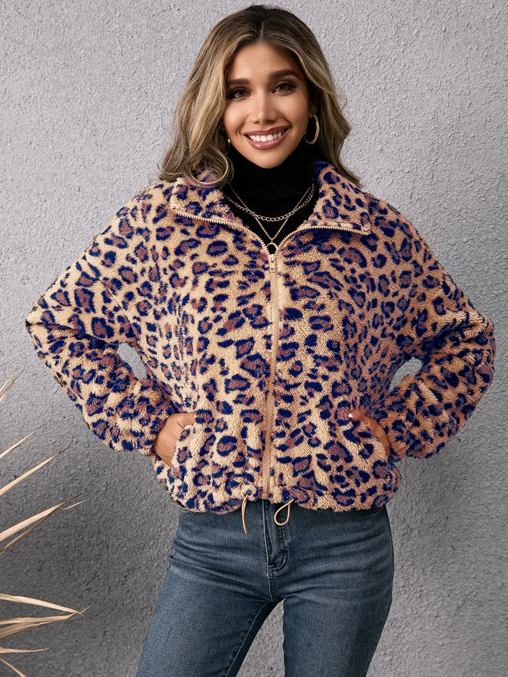 Ivy Lane Drawstring Leopard Zip Up Jacket, view 2