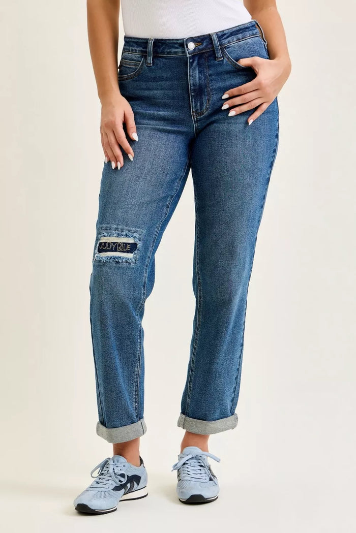 Judy Blue Mid Rise Boyfriend Embroidered Repair Patch Jeans - Lilixa.store