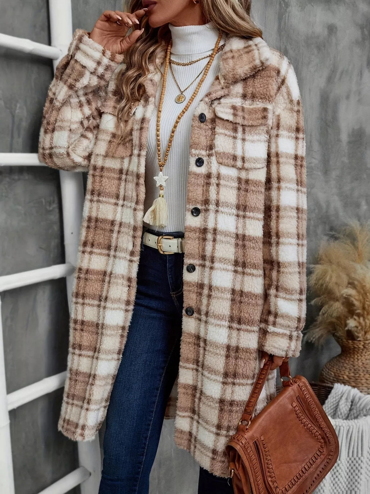Plaid Fleece Button Up Longline Outerwear - Lilixa.store