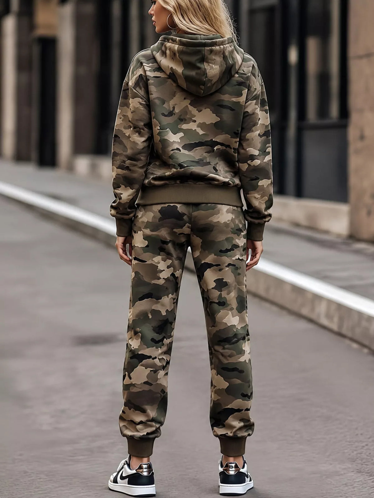 Camouflage Print Hoodie and Joggers Two-Piece Set