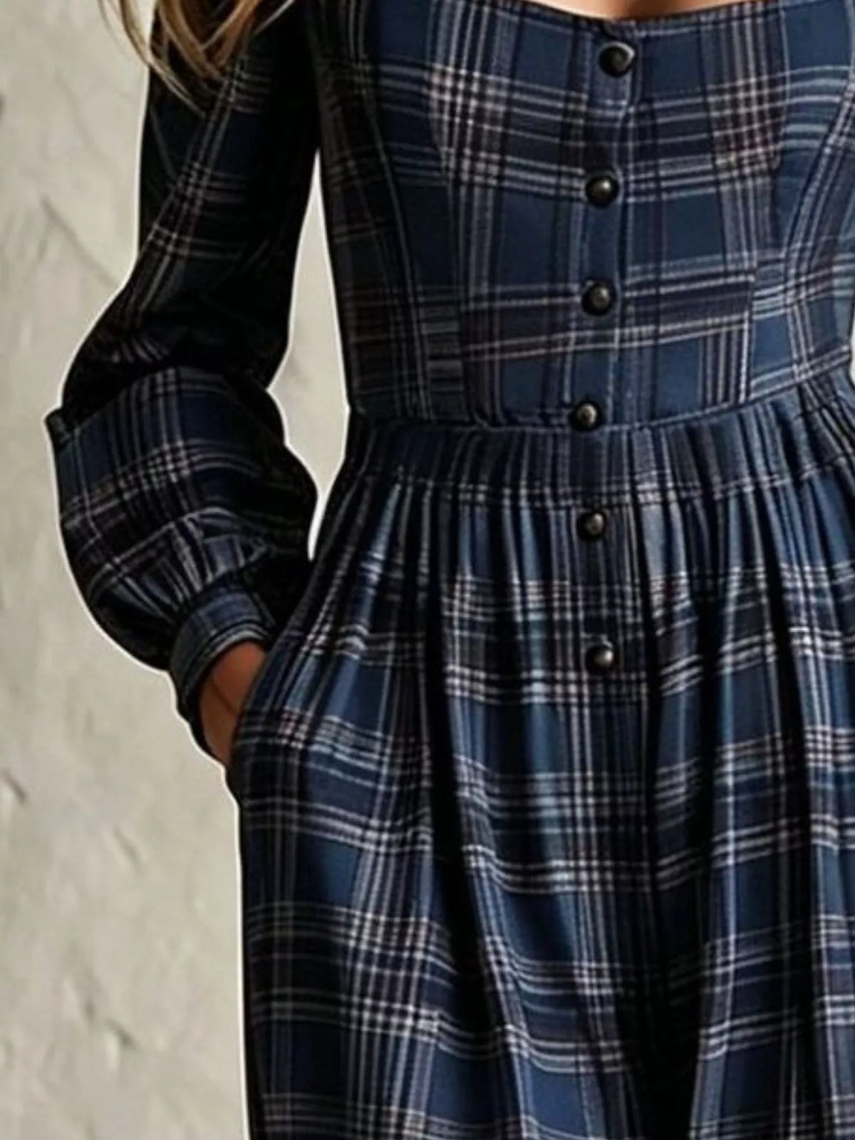 Plaid Square Neck Long Sleeve Wide Leg Jumpsuit