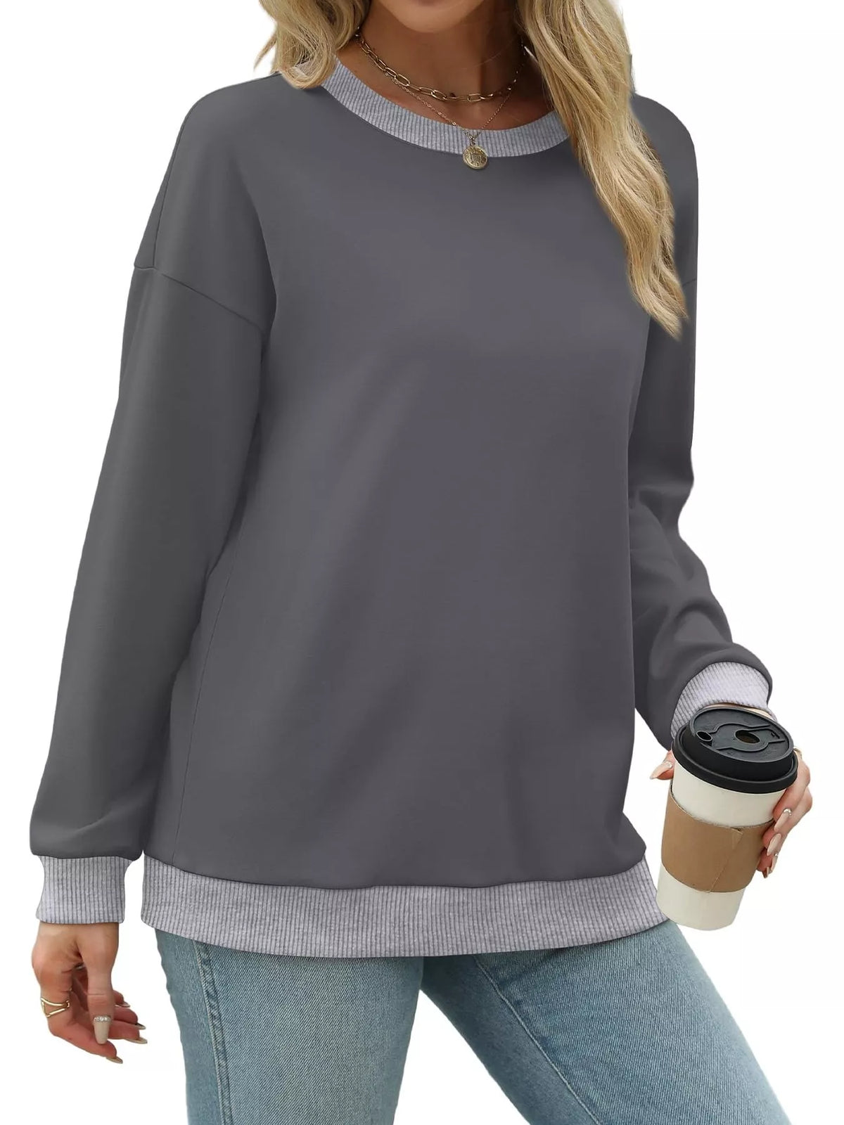 Contrast Trim Crew Neck Casual Sweatshirt - Lilixa.store