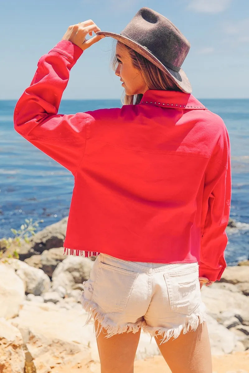 BiBi Rhinestone Fringe with Studed Collar Jacket in Fuchsia, view 14