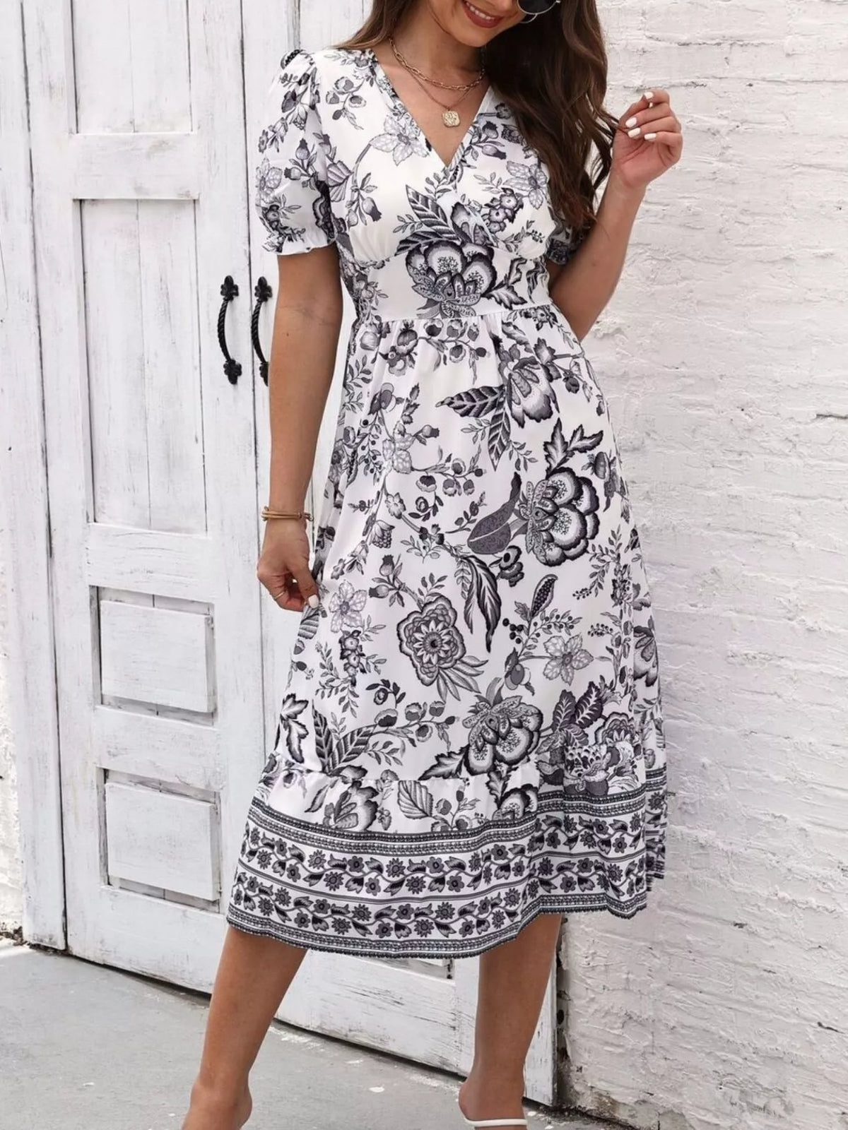 Floral Print Puff Sleeve Wrap Midi Dress