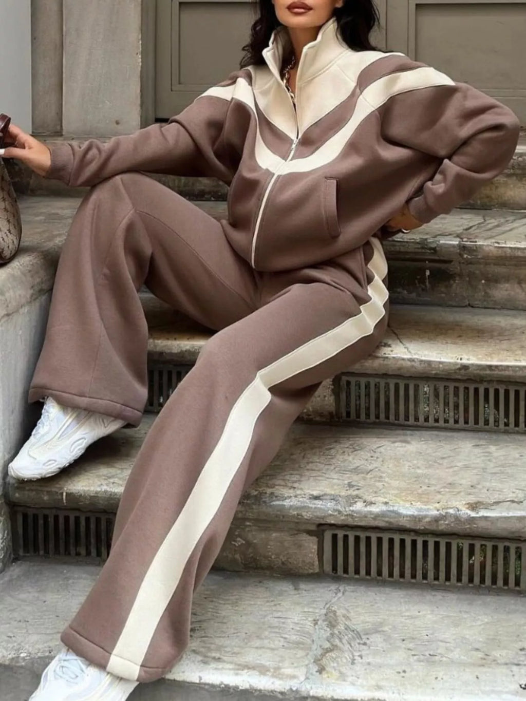 Color Block Zip-Up Outerwear and Pants Set - Lilixa.store