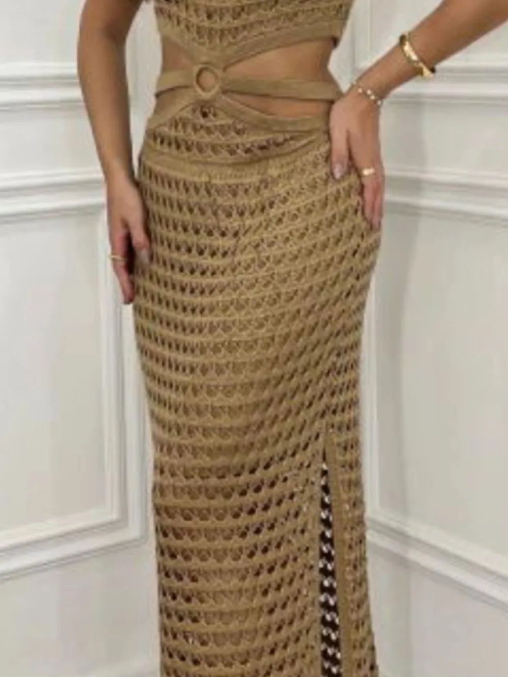 Cutout Slit Round Neck Sweater Dress, view 4