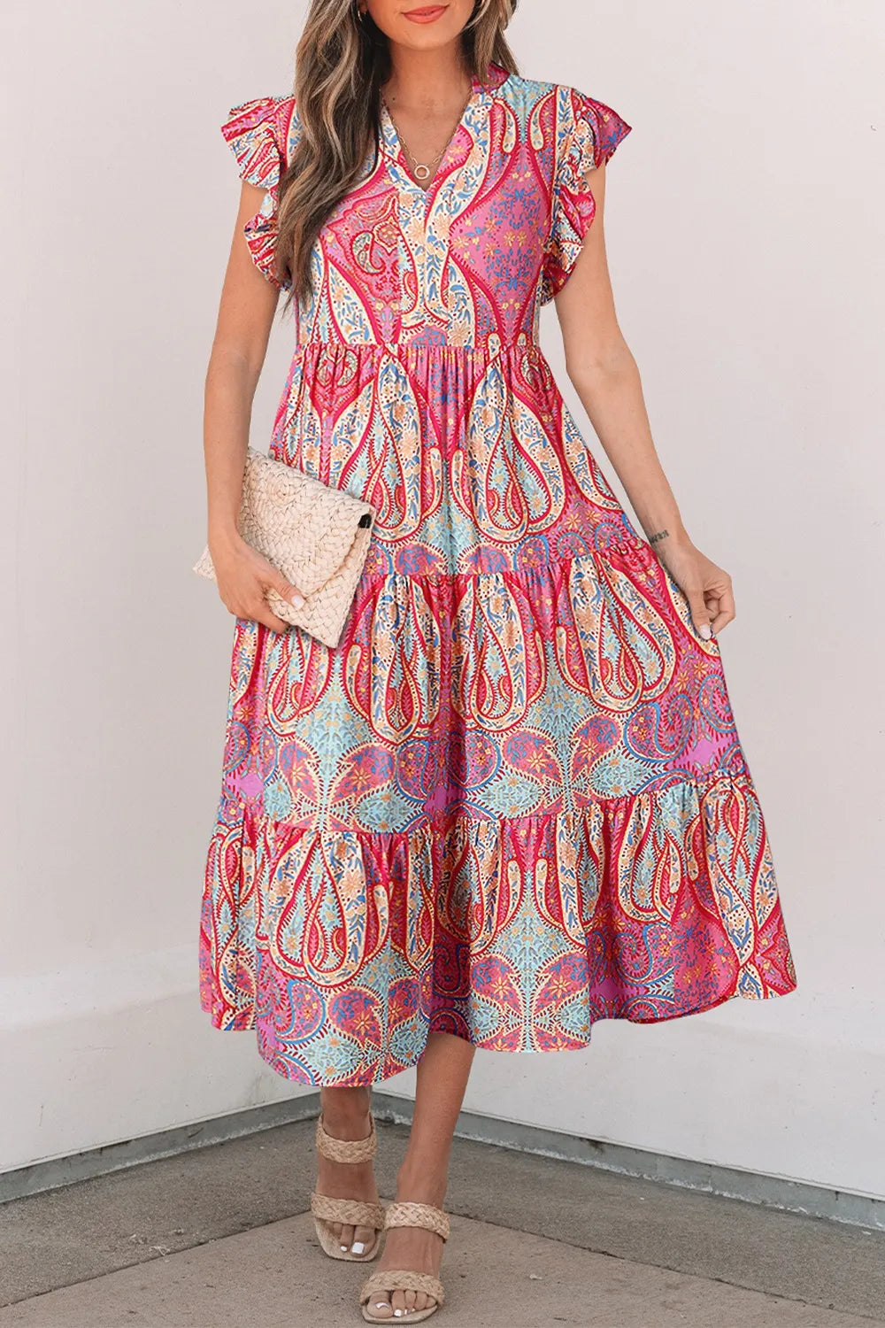 Tribal Paisley Print Ruffled Sleeve Notch Neck Midi Dress - Lilixa.store