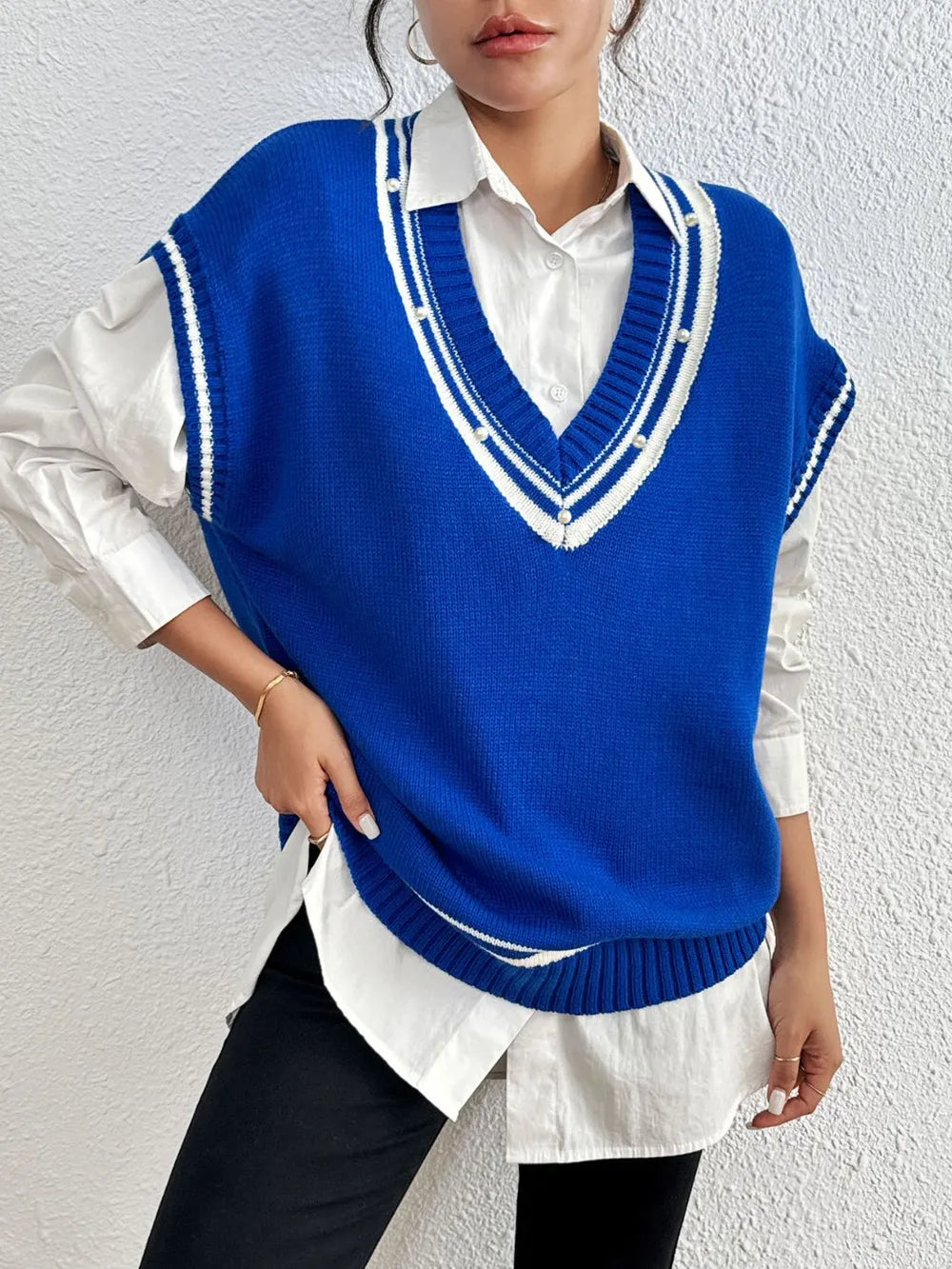 Pearl Trim Contrast V-Neck Sweater Vest, view 14