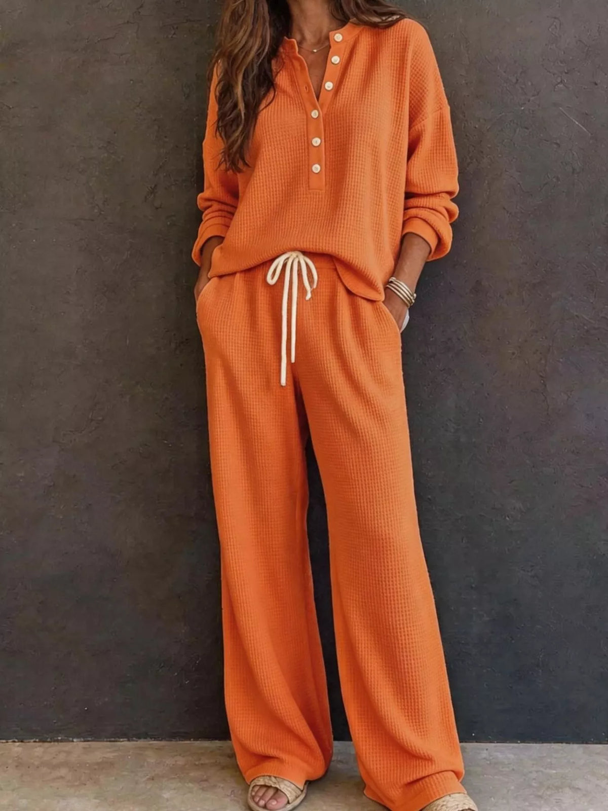 Waffle Knit Henley Top and Wide Leg Pants Set - Lilixa.store
