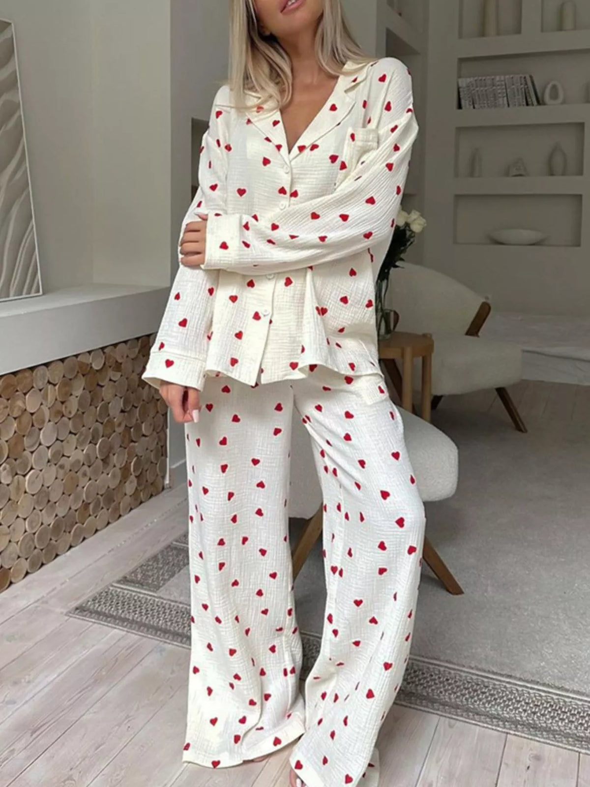 Heart Print Long Sleeve Top and Pants Lounge Set - Lilixa.store
