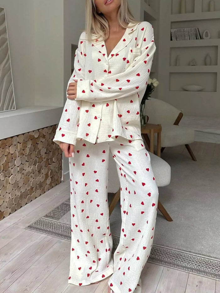Heart Print Long Sleeve Top and Pants Lounge Set - Lilixa.store