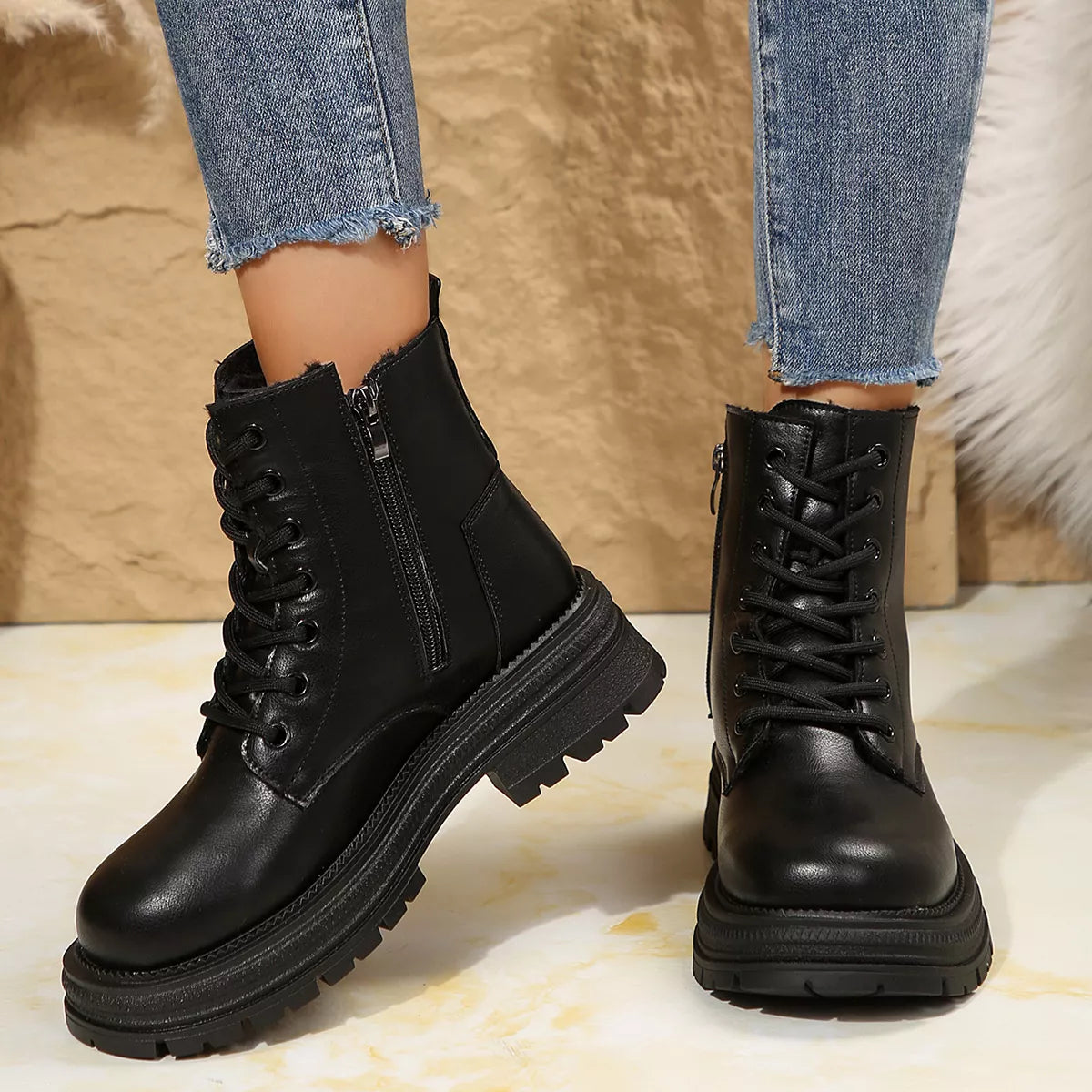 Lace Up Round Toe Platform Boots - Lilixa.store