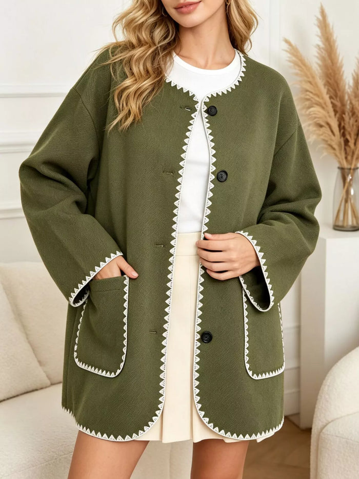 Contrast Trim Button-Front Outerwear in Army Green