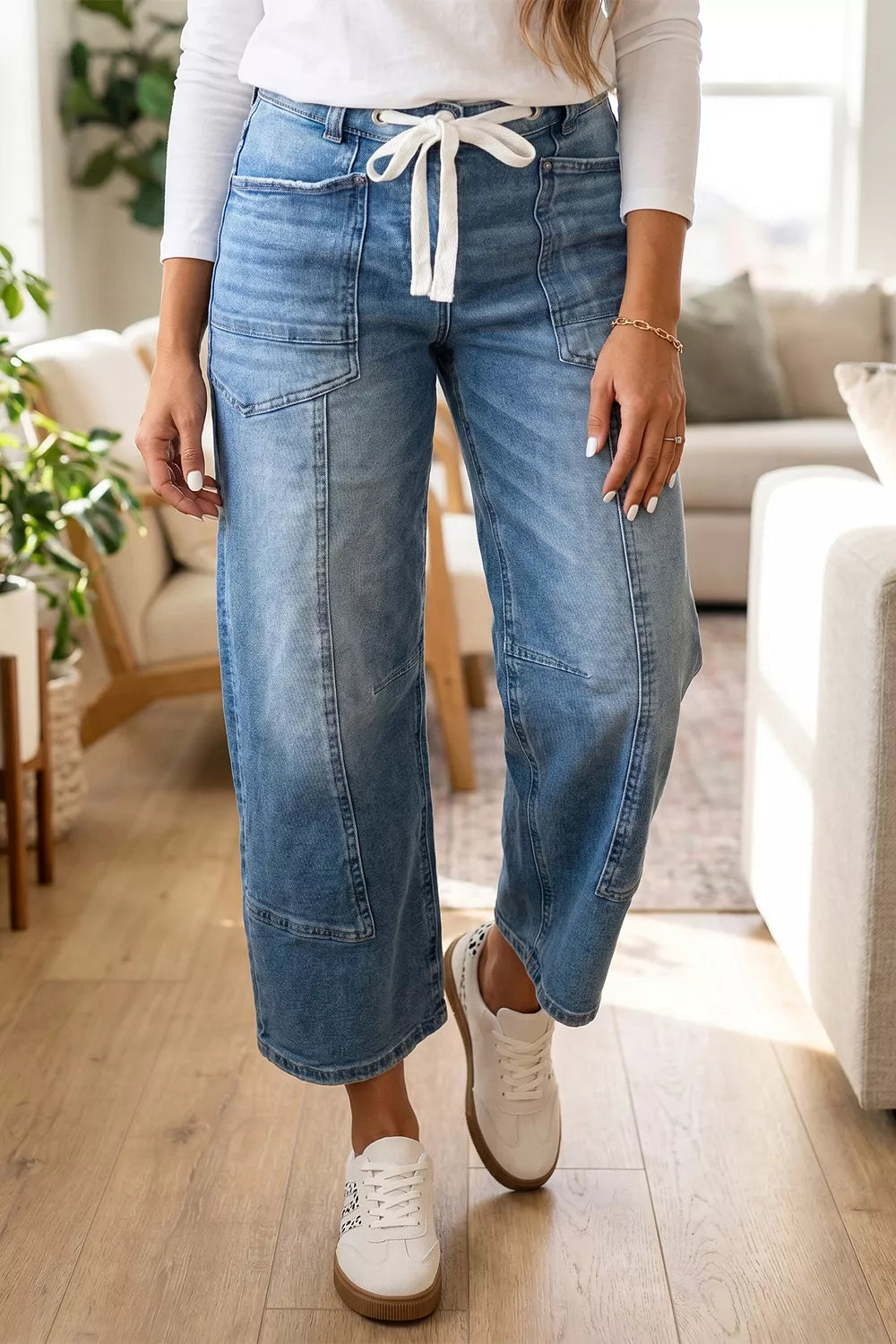 Solid Patchwork Grommet Tie Waist Loose Ankle-Length Jeans - Lilixa.store