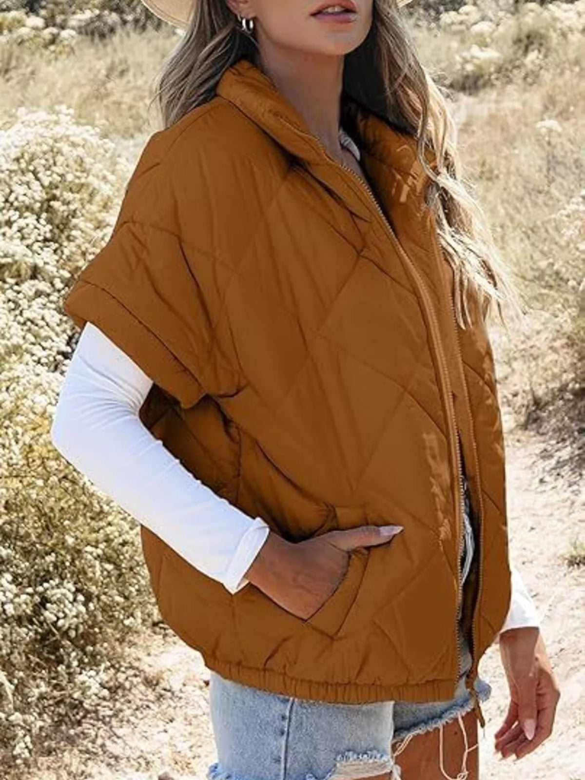 Quilted Zip Up Short Sleeve Winter Coat - Lilixa.store