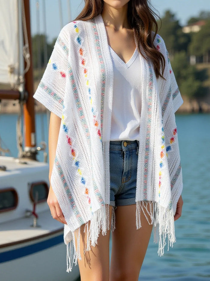 Openwork Fringe Open Front Knit Cape in White