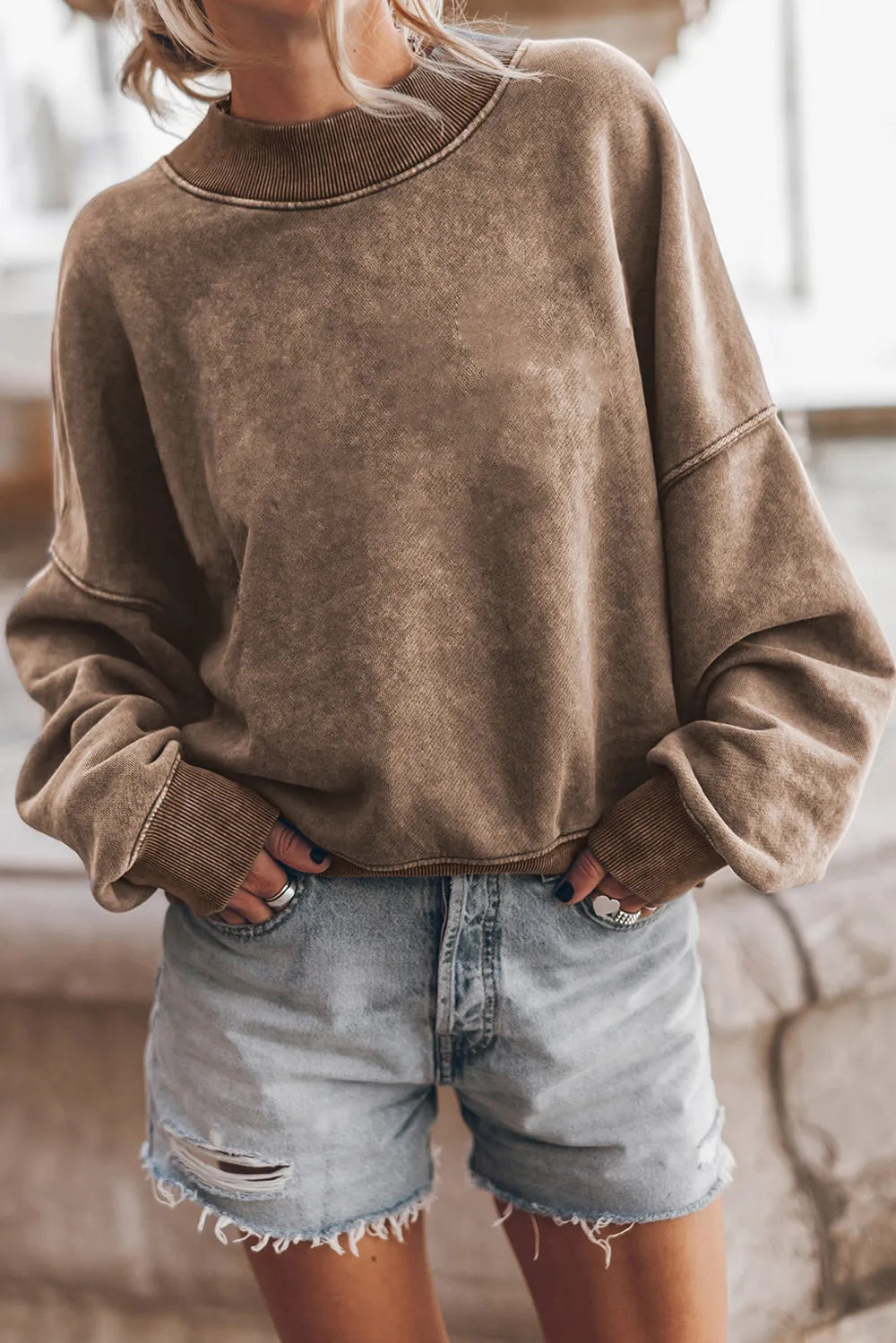 Mock Neck Dropped Shoulder Sweatshirt - Lilixa.store