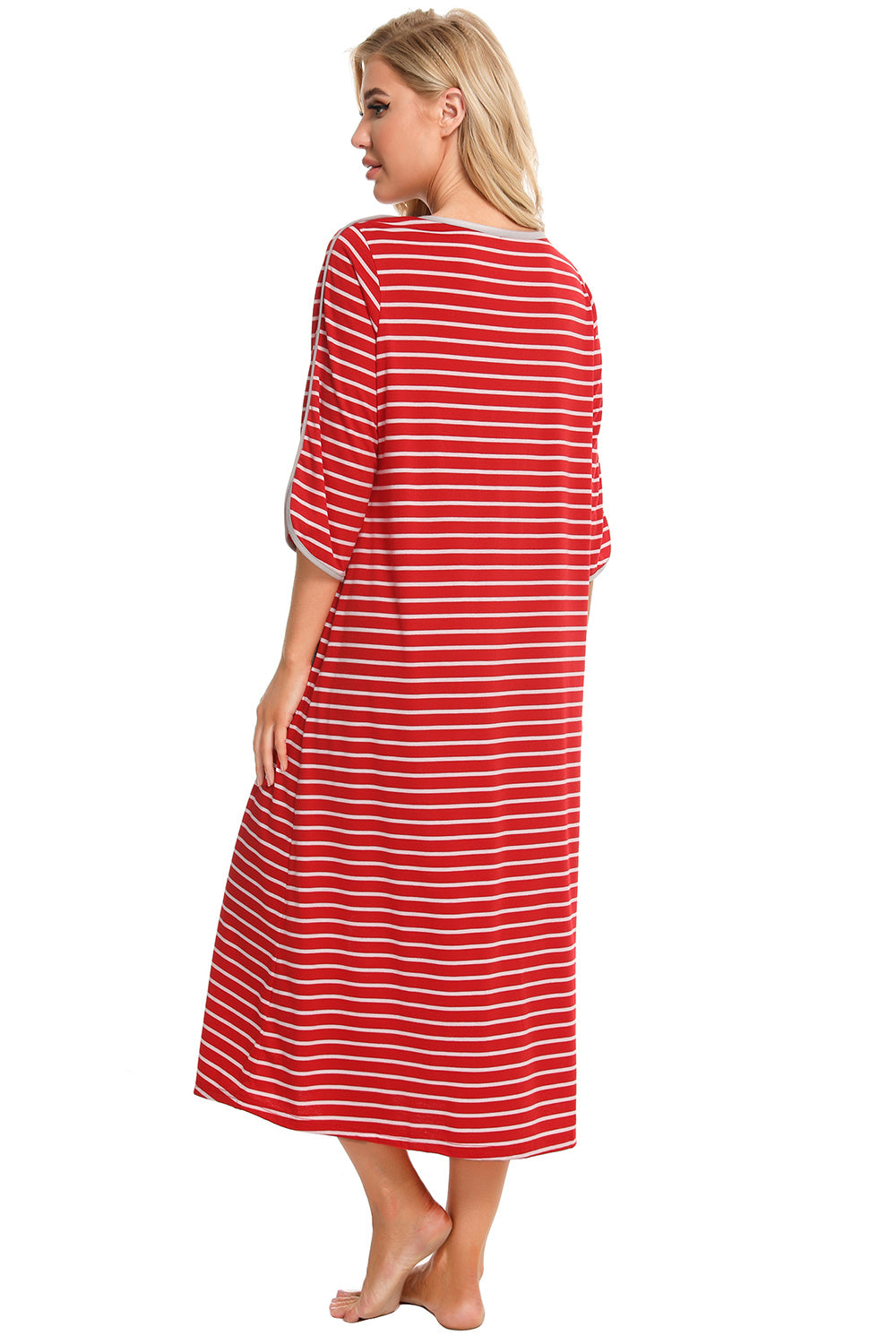 Round Neck Three-Quarter Sleeve Midi Night Dress - Lilixa.store