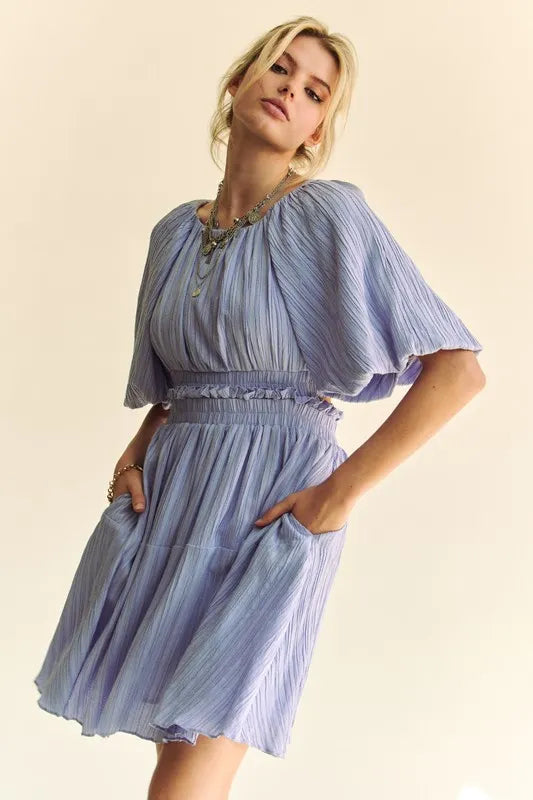 Davi & Dani Back Button Puff Sleeve Mini Dress - Lilixa.store