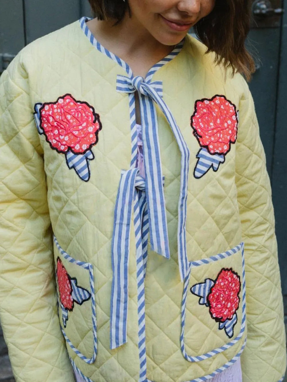 Embroidered Flower Tied Long Sleeve Winter Coat - Lilixa.store