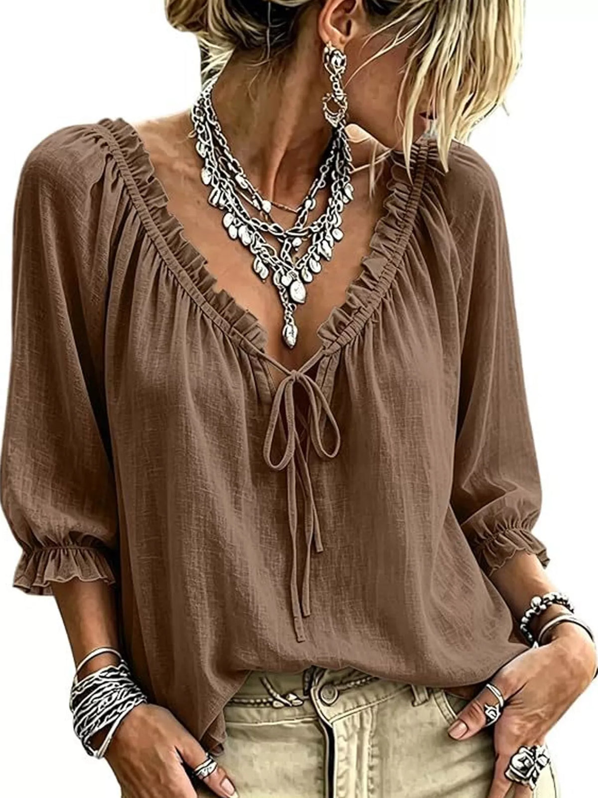Frill Tie Neck 3/4 Sleeve Blouse - Lilixa.store