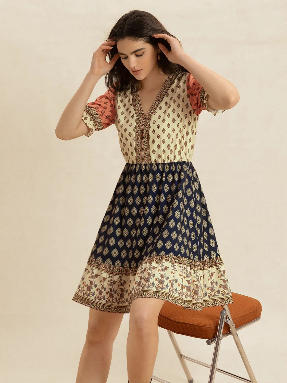 Printed V-Neck Short Sleeve Dress in Tan, view 5