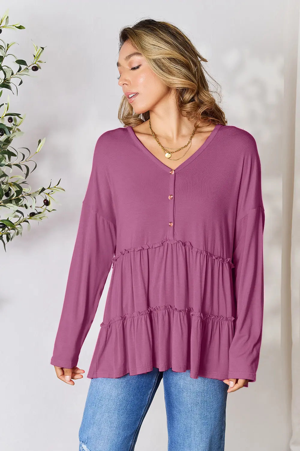Double Take Half Button Long Sleeve Ruffle Hem Blouse - Lilixa.store