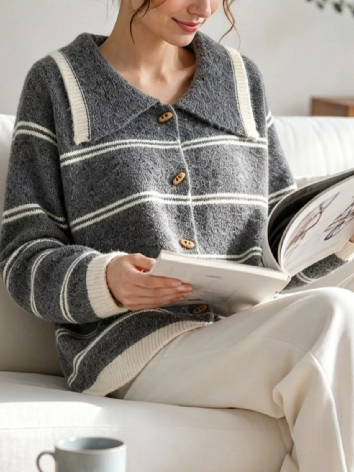 Striped Button-Down Knit Cardigan
