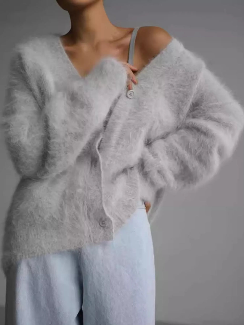 Fuzzy V-Neck Button-Down Cardigan, view 2