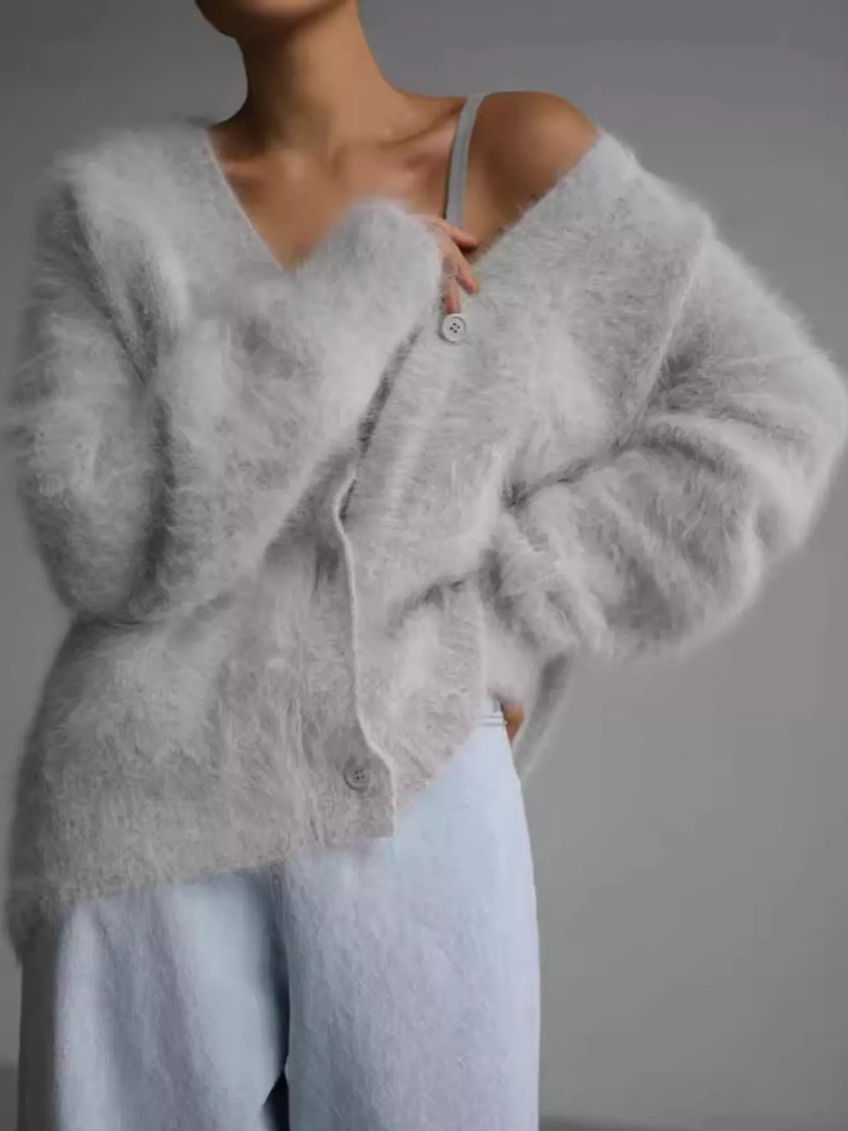 Fuzzy V-Neck Button-Down Cardigan, view 2