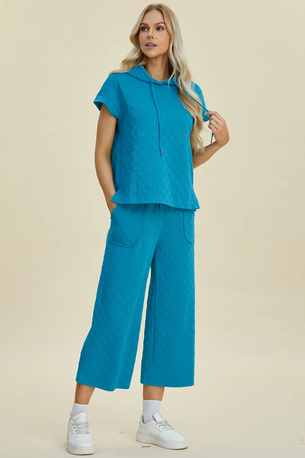 Double Take Full Size Texture Drawstring Short Sleeve Hoodie and Pocketed Pants Set, view 4