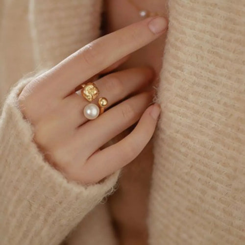 18K Gold-Plated Pearl Open Ring - Lilixa.store