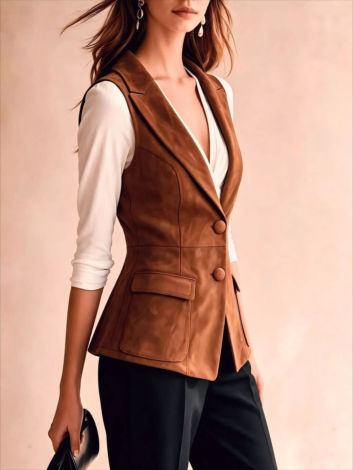 Button-Front Closure Suede Vest Coat